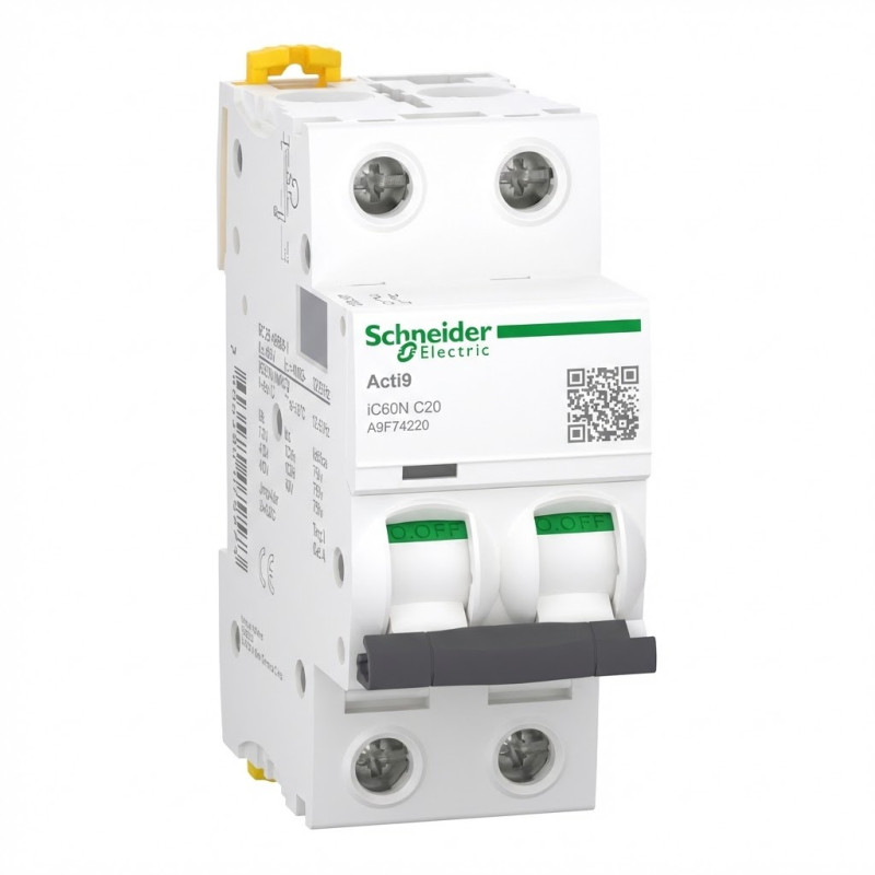 Disjoncteur miniature Acti9 iC60N, 2P, 20 A, courbe C, 6000 A , 10 kA